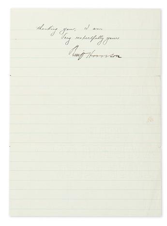 HARRISON, BENJAMIN. Letter Signed, Benj Harrison, as President, to Mrs. M. Nicholson,